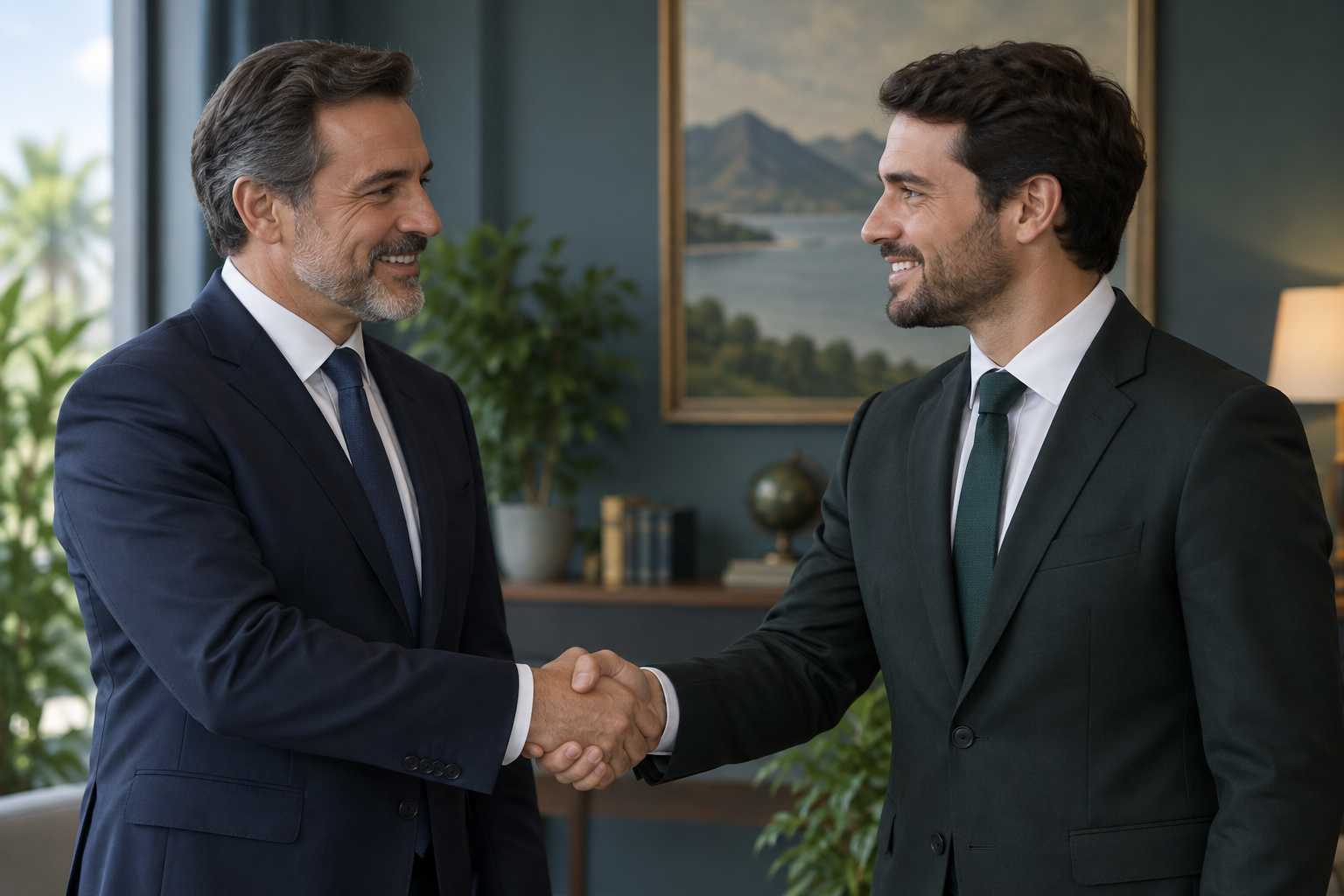 Imagem ilustrativa de dois homens de terno se cumprimentando